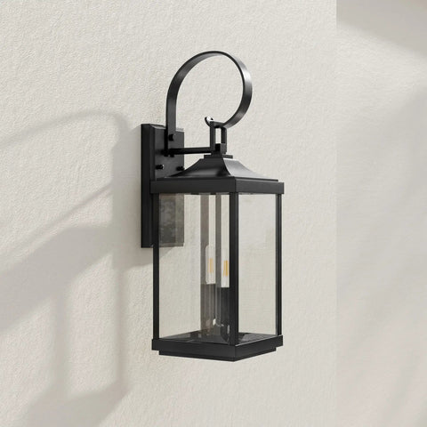 2 Light Outdoor Wall Lantern With Clear Beveled Glass, Traditional Farmhouse Style, Textured Black Finish mounted on wall