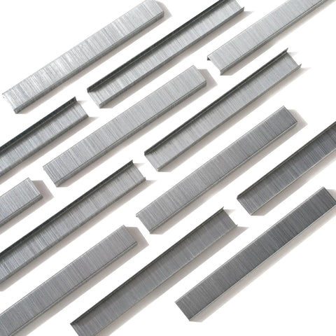 Premium One Quarter Inch Staples, 210 Per Strip, Five Pack, shown in arranged pattern, Heavy Duty Steel Wire