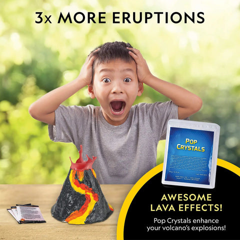 Child amazed with Ultimate Volcano Kit For Kids With 3X Eruptions And Pop Crystals That Add Sound, Hands On STEM Science Toy.