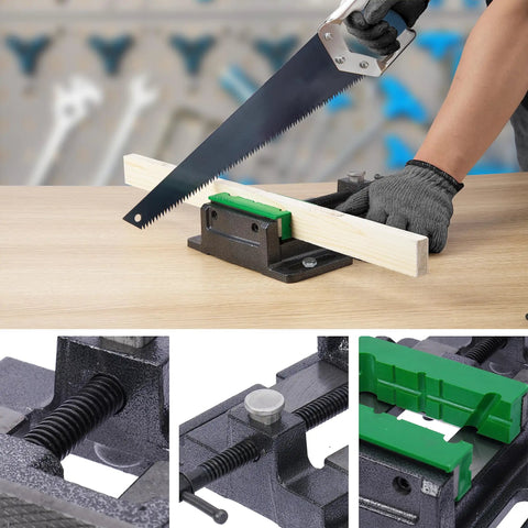 Heavy Duty Drill Press Vise 4 Inch Bench Vise With Quick Adjust Jaw Clamp And Multi Groove Soft Jaw Pads, wood cutting scene