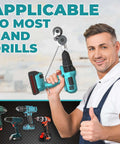Man holding electric drill with Metal Nibbler Drill Attachment For Electric Drills Deluxe Plate Cutter Attachment 2023 Model.