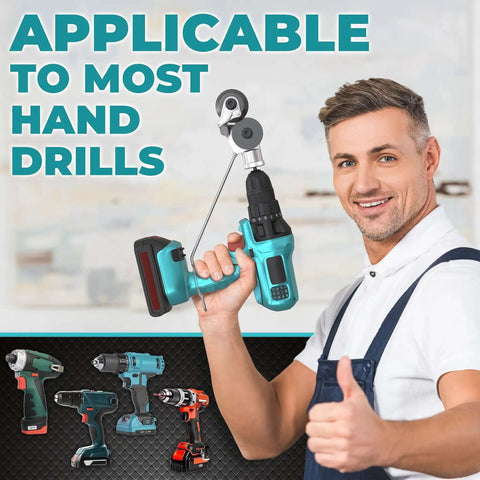 Man holding electric drill with Metal Nibbler Drill Attachment For Electric Drills Deluxe Plate Cutter Attachment 2023 Model.