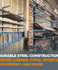 Garage Ready Six Level Wood Organizer And Lumber Storage Metal Rack With Wall Mount displayed with lumber and skis in garage and shed.