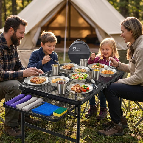 Family using All In One Stainless Steel Camping Mess Kit For 1 To 4 People With Plates, Bowls, Cups, And Full Cutlery Set Plus Carry Bag