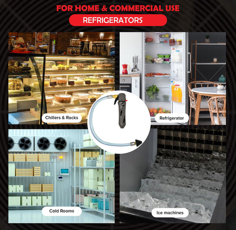 Collage of chillers, racks, refrigerator, cold rooms, and ice machines labeled for home and commercial use.