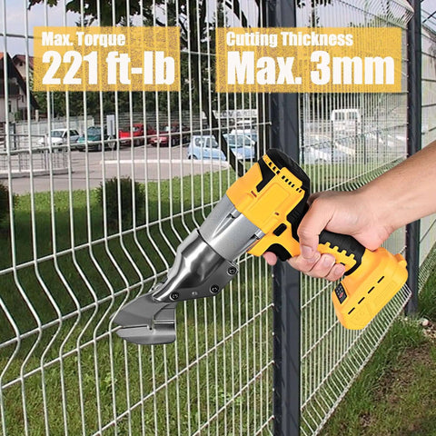 Beast Mode Cordless Metal Shears For Quick Sheet Metal Cuts with 600W Brushless Motor cutting a fence, compatible with 20V Max Battery.