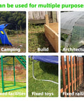 Image showing multiple uses of 11 Pack 12 Inch Beefy Galvanized Steel Rebar Stakes U Shaped Ground Anchors for tents, buildings, and fences.