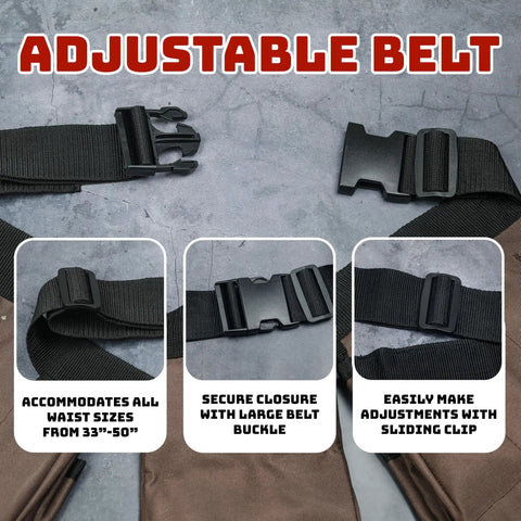 Focus on adjustable 33-50 inch poly web belt with quick release buckle on Tough As Nails Heavy Duty 19 Pocket Tool Belt and Work Apron