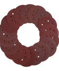 Five Inch 8 Hole Sanding Discs Set, 30 Pack with Assorted Grits 40 80 120 220 320 600, arranged in a circle formation.