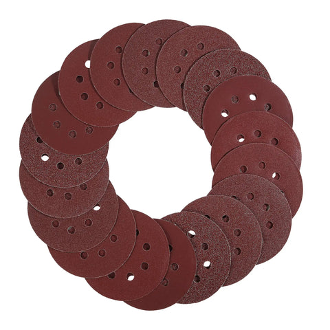 Five Inch 8 Hole Sanding Discs Set, 30 Pack with Assorted Grits 40 80 120 220 320 600, arranged in a circle formation.