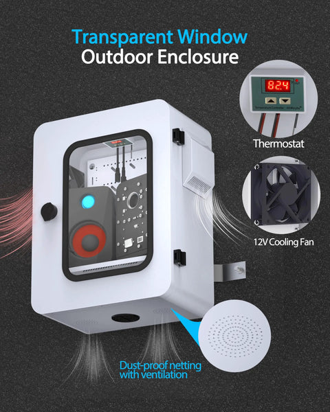 Heavy Duty Outdoor Electrical Box With Clear Window Thermostat And Fan For Precise 0.1F Temperature Control Weatherproof IP65 Galvanized Steel Housing And Aluminum Rear Beam Built To Stand Up In Harsh Environments 17.7 X 13.8 X 7.9 Inches