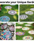 Decorative garden path with colorful and pebble designs using Six Piece Round DIY Concrete Stepping Stone Molds Set In Three Sizes.