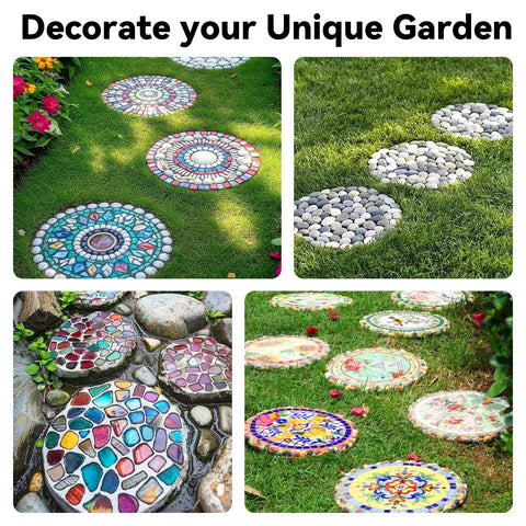 Decorative garden path with colorful and pebble designs using Six Piece Round DIY Concrete Stepping Stone Molds Set In Three Sizes.