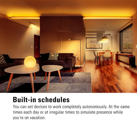 Modern living room with built-in schedules for Smart Triple Outlet Power Strip With Energy Meter For Apple HomeKit, Siri Control