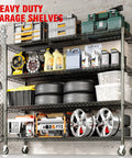 Heavy Duty 2640 Pound Storage Shelves With Wheels, 71 Inch Tall Commercial Garage Shelving Unit filled with tools and tires.