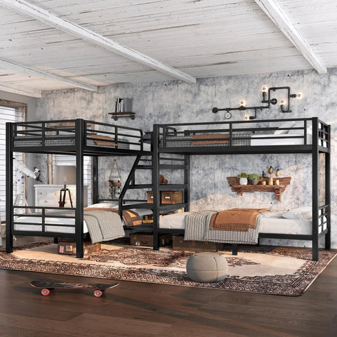 Twin L Shaped Metal Bunk Bed With Storage Shelves And Safety Guardrail Space Saving Black Finish in a modern bedroom setup