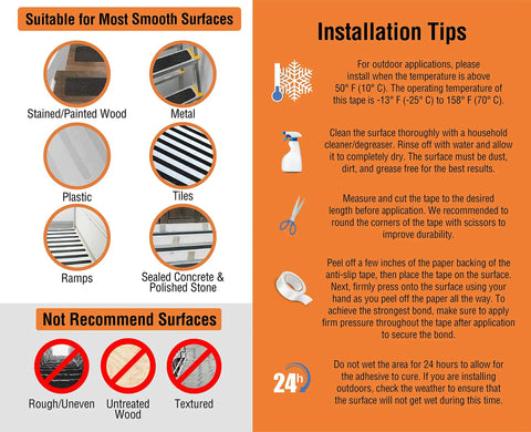 Installation tips for Heavy Duty Anti Slip Grip Tape 6 Inch By 30 Ft Black And Yellow Striped 80 Grit on smooth surfaces.