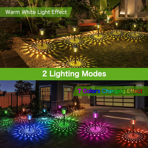 Color Changing Solar Pathway Lights 8 Pack Outdoor Dual Mode Warm White And Colorful LED Garden Path Lights in use at night.