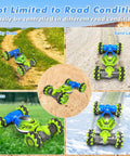 Gesture RC Car 2.4GHz 4WD Hand Control And Gesture Sensing Stunt Car on rocky, sand, grass, and snow terrain showing versatility.