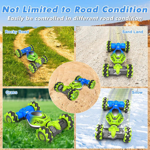 Gesture RC Car 2.4GHz 4WD Hand Control And Gesture Sensing Stunt Car on rocky, sand, grass, and snow terrain showing versatility.