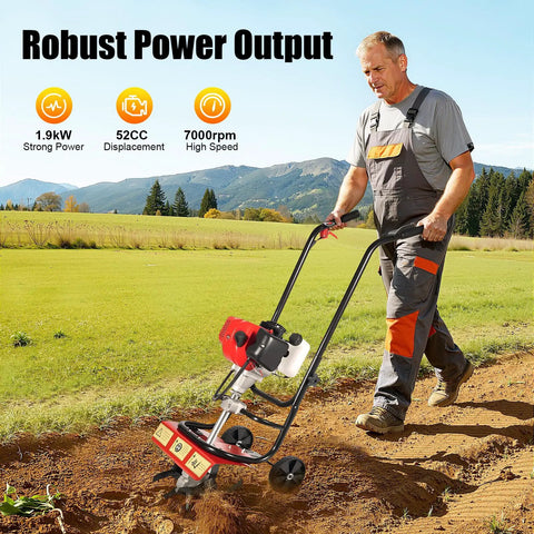 Man using 52CC Gas Powered Tiller Cultivator for Lawn and Garden, Air Cooled Single Cylinder Engine, farm yard tilling tool