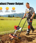 Man operating Powerful 52cc Gas Powered Tiller For Dense Soil, 2-Stroke Mini Hand Cultivator in garden with mountains in background