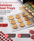 Kickass Food Dehydrator With Fifteen Extra Large Stainless Trays For Making Badass Beef Jerky And Crispy Dog Treats Featuring drying fruit on stainless steel trays.