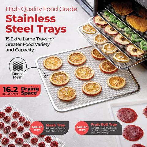 Kickass Food Dehydrator With Fifteen Extra Large Stainless Trays For Making Badass Beef Jerky And Crispy Dog Treats Featuring drying fruit on stainless steel trays.