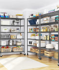 Heavy Duty Six Tier Rolling Storage Shelves With Industrial Swivel Wheels For Garage Organization And Vertical Shelving Setup Hella Tough Metal Rack With Sweet Free Rolling Casters For Kitchen Basement Space in a kitchen pantry.