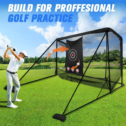 Golfer using 10x7 Ft Golf Hitting Net With Stitched Triangular Side Barriers And Ball Collection System for practice