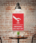Emergency Gas Shut Off Symbol Aluminum Warning Sign 8x12 Inch Built To Last Heavy Duty No Nonsense Rust Free Pre Drilled Weather Resistant Facility Plaque For Commercial Kitchens And Industrial Gas Supply Zones on brick wall