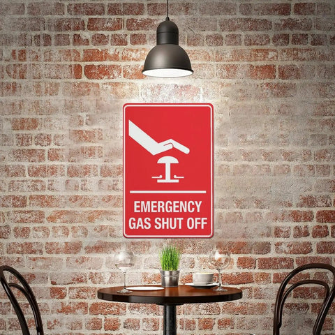 Emergency Gas Shut Off Symbol Aluminum Warning Sign 8x12 Inch Built To Last Heavy Duty No Nonsense Rust Free Pre Drilled Weather Resistant Facility Plaque For Commercial Kitchens And Industrial Gas Supply Zones on brick wall