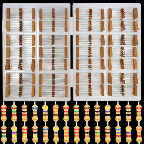One Quarter Watt Carbon Resistor Assortment Kit, 560 Pieces, 28 Values, Five Percent Tolerance, From 2.2 Ohm To 1M Ohm displayed in trays