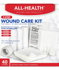 Front view of All-Health 3-Step Wound Care Kit box, 40 pieces including gauze, dressings, tape.