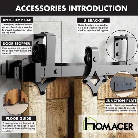 Rustic Black Double Track U Shape Bypass Sliding Barn Door Hardware Kit For Four Doors with accessories shown