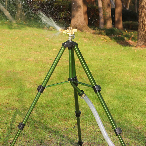 Impact Sprinkler On Tripod Base With Stakes For 360 Degree Lawn Irrigation, Adjustable Brass Head, Extension Legs in garden