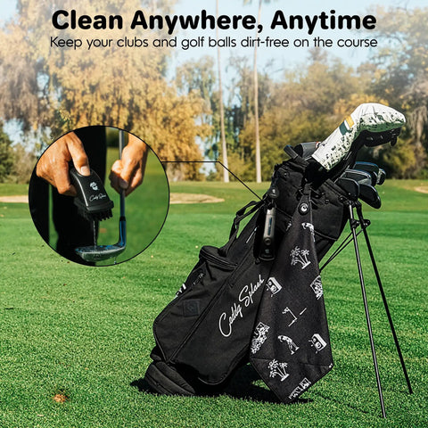 Golf bag on course with Golf Club Brush With Water Release And Retractable Clip Push Button For Easy Cleaning Nylon Bristles