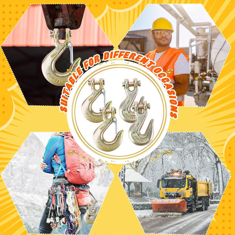 4 Piece 3/8 Inch Clevis Slip And Grab Hook Set With Safety Latch displayed in various work environments and uses.