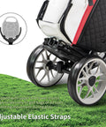 Heavy Duty Aluminum Golf Push Cart With No Fuss Quick Release Fold Build And Low Drag Eva Wheels For Easy Rolling Down The Fairway Dark Gray Edition showing adjustable elastic straps for secure golf bag fit.