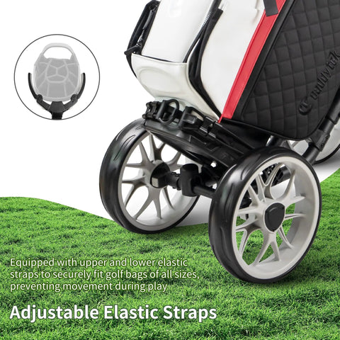 Heavy Duty Aluminum Golf Push Cart With No Fuss Quick Release Fold Build And Low Drag Eva Wheels For Easy Rolling Down The Fairway Dark Gray Edition showing adjustable elastic straps for secure golf bag fit.