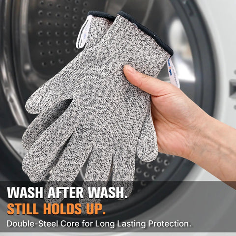 Fiberglass Free Level 5 Cut Resistant Gloves being shown in grey color, held in hand, beside washing machine