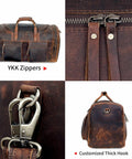 32 Inch Vintage Duffel Bag With Old School Look And Modern Touch Handmade Full Grain Buffalo Leather Carry On Fits Under Seat Premium Leather Gym Overnight Luggage With YKK Zippers Dual Side Pockets And Internal Pocket Made In USA with YKK zippers, hooks, side view and front view details