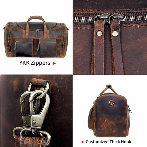 32 Inch Vintage Duffel Bag With Old School Look And Modern Touch Handmade Full Grain Buffalo Leather Carry On Fits Under Seat Premium Leather Gym Overnight Luggage With YKK Zippers Dual Side Pockets And Internal Pocket Made In USA with YKK zippers, hooks, side view and front view details