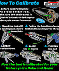 Motorcycle Chain Slack Adjuster Tool For Easy Quick And Precise Chain Slack Adjustment with calibration steps illustration