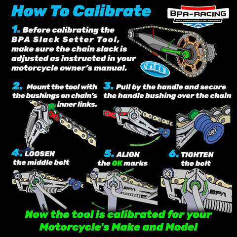 Motorcycle Chain Slack Adjuster Tool For Easy Quick And Precise Chain Slack Adjustment with calibration steps illustration