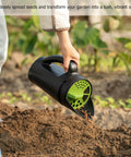 Person using Handheld Seed Spreader For Lawn And Garden, Adjustable Shaker For Fertilizer, 2.5 Liter Capacity, in a garden