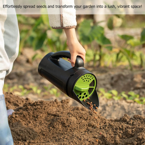 Person using Handheld Seed Spreader For Lawn And Garden, Adjustable Shaker For Fertilizer, 2.5 Liter Capacity, in a garden