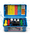 Keep Your Pool And Spa Waters Slick And Safe With This Drop Dead Simple All In One Water Test Kit To Monitor Chlorine pH Alkalinity And Hardness Levels Year Round in a blue carrying case.