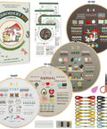 Beginner Embroidery Kit With 4 Learning Stages And 38 Stitches, tools and accessories displayed with hoops and threads.