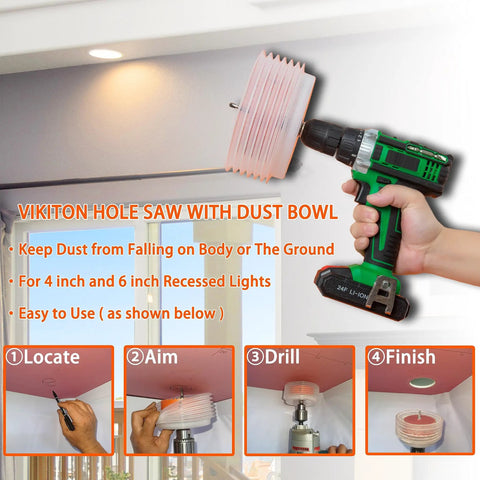 Badass Bimetal Recessed Light Hole Saw Kit 6 1/4 And 4 1/4 Inches With Dust Catch Bowl Arbor And Hex Key shown in use with drill.